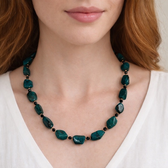 Rough Turquoise & Black Spinel Necklace & Bracelet Set - Solid Copper Spacers - Picture 2 of 9